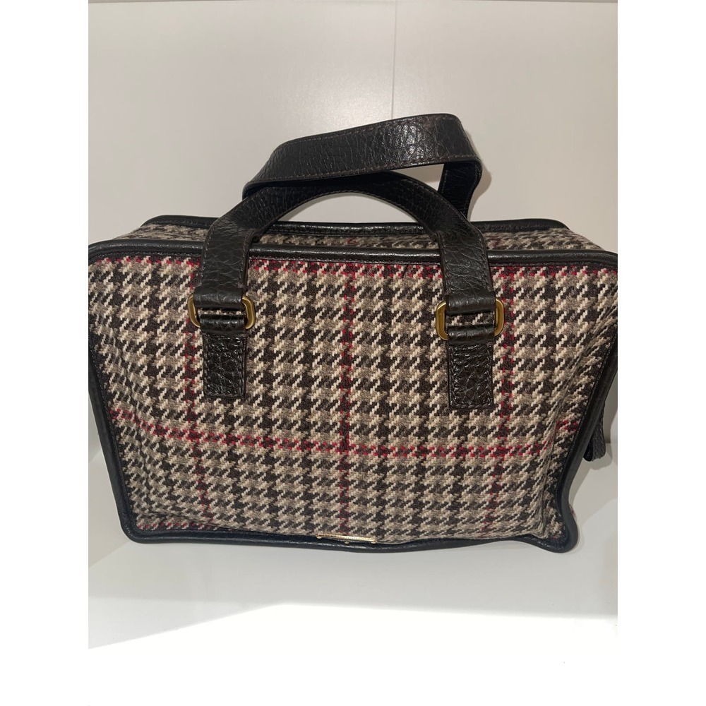 Prada Houndstooth Tweed Tote Bag Brown Leather- Trim Wool - Picture 2 of 5